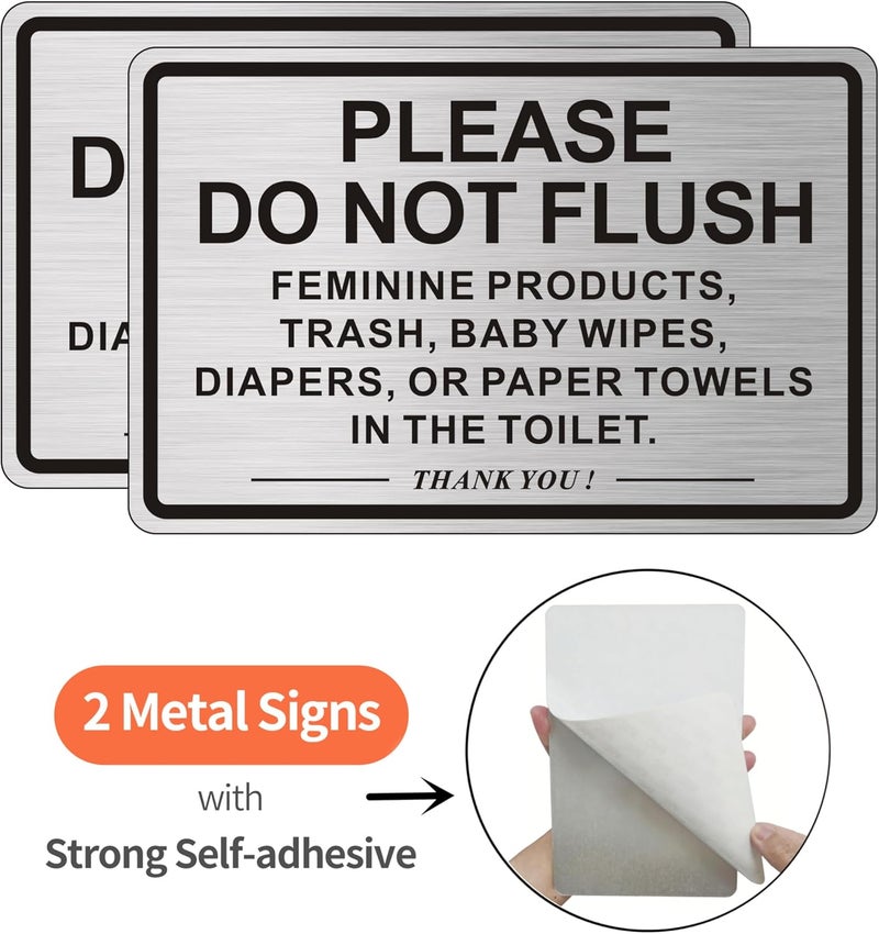 MongFun (2 PACK) Do Not Flush Sign for Bathroom, Self-adhesive Do Not Flush Anything Except Toilet Paper Sign, Aluminum Metal Signs for Business and Home (Brushed Aluminum/Black, 9 x 6 inches) - Image 2